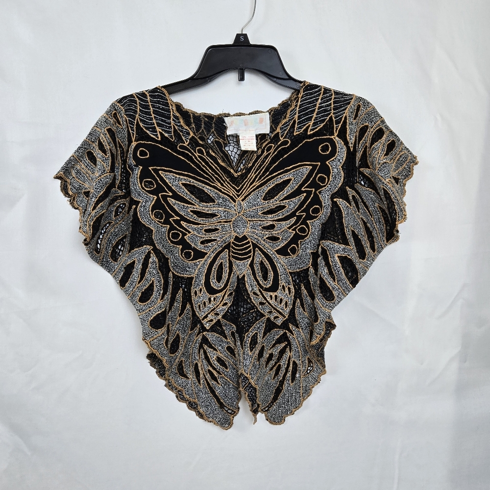 Thums Up Vintage Womens Black Silver Orange Butterfly Open Weave Glam Blouse M‎